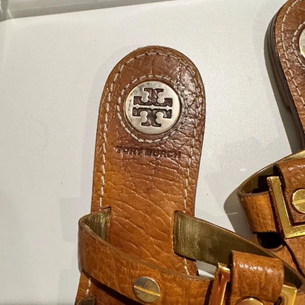 Vintage Tory Burch studded leather thong sandals pebbled tan leather sz 6.5